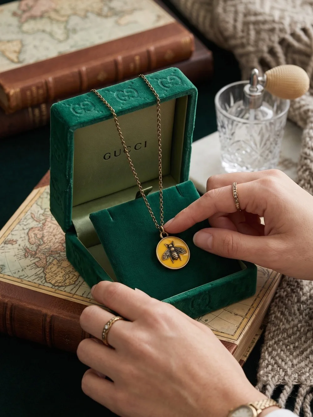Brass-Tone Bee Pendant Necklace with Yellow Enamel Medallion